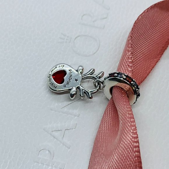 Pandora Red Nose Reindeer Murano Dangle Charm "Let your light shine" Pendant - Picture 2 of 10